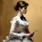 Victorian-era woman in elegant attire with feather quill