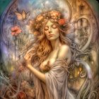 Fantasy village scene with woman and floral hair surrounded by whimsical flowers