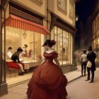 Victorian scene with elegantly dressed individuals near flower shop and cafe