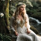 Ethereal woman in white dress with crown in serene forest landscape