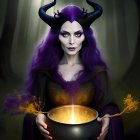 Purple-haired woman with horns and face paint holding a glowing cauldron in enchanted forest