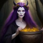 Mystical character with purple hair and horns in enchanted forest.