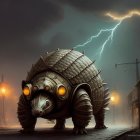 Fantasy armored vehicle resembling an armadillo under stormy sky with lightning and old buildings.