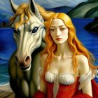 Surreal portrait of woman with golden hair and red dress fused with white horse in blue wave and