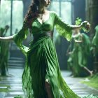 Stylized female figure in intricate green dress amidst fantastical garden