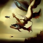 Surreal artwork: large fish with human legs flying amidst smaller fish in golden sky