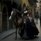 Historical scene: Person in period attire riding horse on cobblestone street