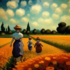 Woman and children in vibrant field of yellow flowers with Van Gogh-style sky