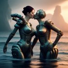 Metallic female figures in close embrace with intricate designs on soft background