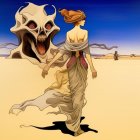 Illustration of woman in flowing gown with ghostly bull's skull in desert