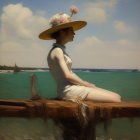 Woman in beige dress and straw hat on floating structure in ocean