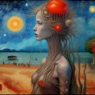 Surreal illustration of woman with nature motifs in hair