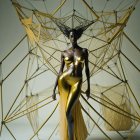 Stylized digital artwork: Female figure in gold dress and headdress against abstract golden backdrop