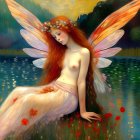 Ethereal winged figure with floral adornments by water