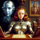 Futuristic female robot in golden armor typing at laptop in opulent room