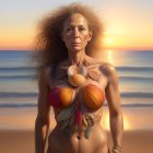 Curly-haired woman with floral chest piece on sunset beach.