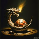 Golden dragon guarding egg with treasures on dark background