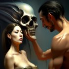 Intense man and woman with surreal dog-skull overlay portrait.