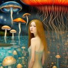 Illustration of woman with flowing hair among vibrant mushrooms and celestial motifs