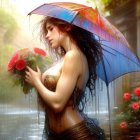 Woman with flowing hair holding colorful umbrella in rain shower.