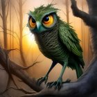 Colorful owl on leafy branch in enchanted forest at sunset