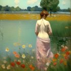 Woman in long dress and hat by tranquil river and blooming flowers