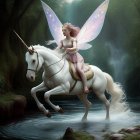 Person with flower crown riding winged unicorn through mystical forest stream