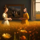 Women in flower field with daisies, blending reality with art