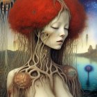 Surreal artwork: Woman with mushroom cap headpiece in detailed landscape