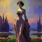 Victorian lady in elegant dress with basket in vibrant flower garden at sunset