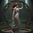 Animated woman in flowing grey dress before ornate circular frame with mystical forest and waterfalls.