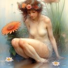 Woman with floral wreath sitting in water surrounded by flowers