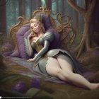 Medieval woman in flower crown sleeping on purple cushion in lush garden