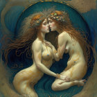 Ethereal women with elaborate crowns share a kiss in cosmic setting