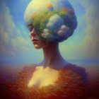 Surreal artwork: woman's profile merges with landscape sphere against rural dawn backdrop