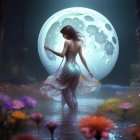 Woman in flowing dress walking towards large moon in mystical, starlit landscape