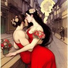 Two women in red dresses kissing behind a flower basket on a busy street.