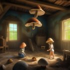 Three young girls playing in a dilapidated room with surreal mushroom lamps and broken egg-like objects.