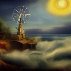 Lighthouse and Windmill Overlooking Turbulent Seas at Starry Night Sky