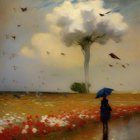 Person with umbrella in tulip field watching birds in rain shower near quaint house