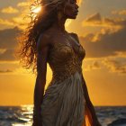 Woman in golden dress with floral crown by sea at sunset with staff and cliffs.