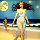 Surrealist painting of woman on beach with flowing hair and two suns