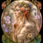 Fantastical portrait of woman with floral wreath and whimsical scenery