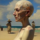 Surreal portrait of woman with white hair and blue freckles by bird on shoe at beach