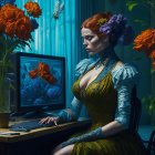 Futuristic woman with robot features in golden outfit by computer with sunflower and vibrant flowers