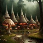 Enchanting forest with oversized mushroom-shaped houses & serene pond