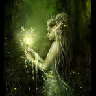 Mystical woman in forest with butterflies, moon, and lights