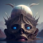 Submerged ornate mask with reflective sphere against mountainous backdrop