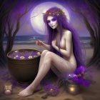 Purple-haired woman by cauldron under full moon in mystical setting