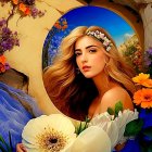 Colorful Woman Portrait with Floral Crown and Tree Arch